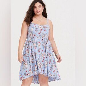 NWT Torrid Blue Pink Floral Mini Challis High-Low Flowy Skater Dress size 1